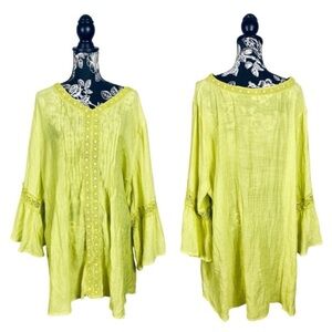Avenue bright neon yellow bell sleeve crochet boho tunic top size 2X